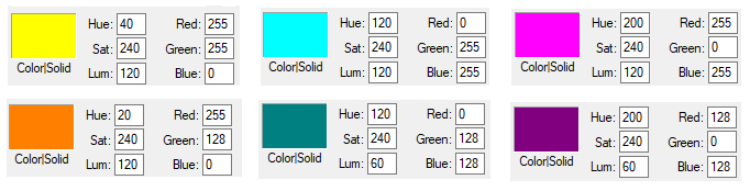 RGB components of standard colours