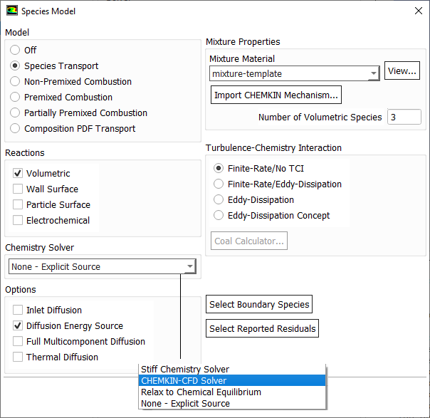 FLUENT Species Transport Options - Finite Rate / No TCI