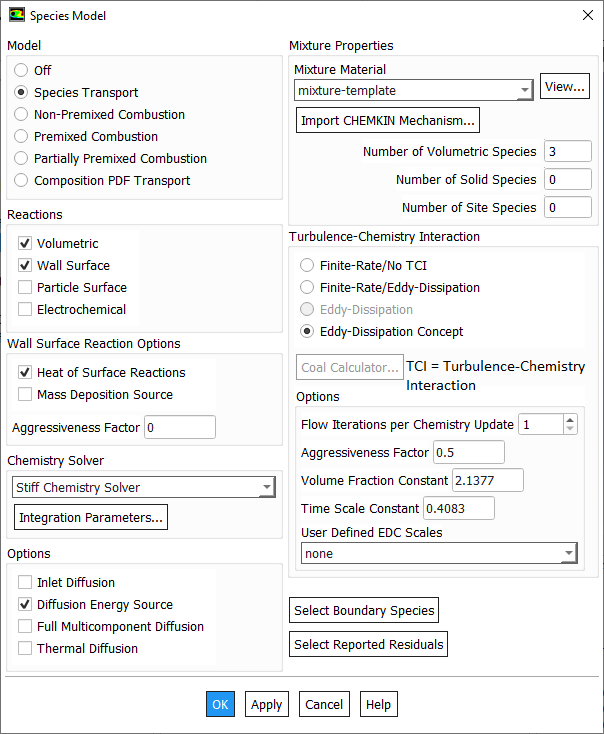 FLUENT Species Transport Options - Eddy Dissipation Concept