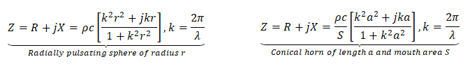 Acoustic impedance of pulsating sphere and conical horns